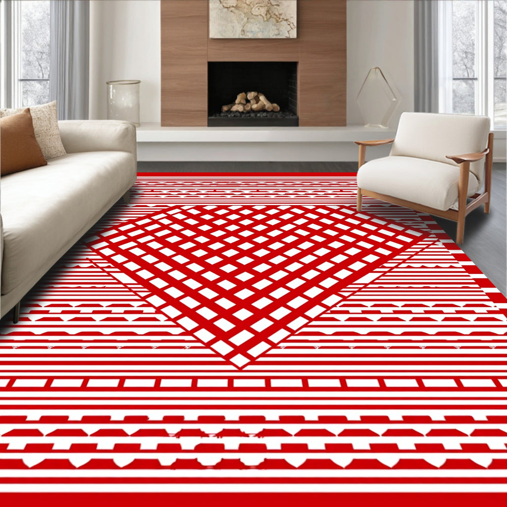 Bold Red White Geometric Diamond Design Rug