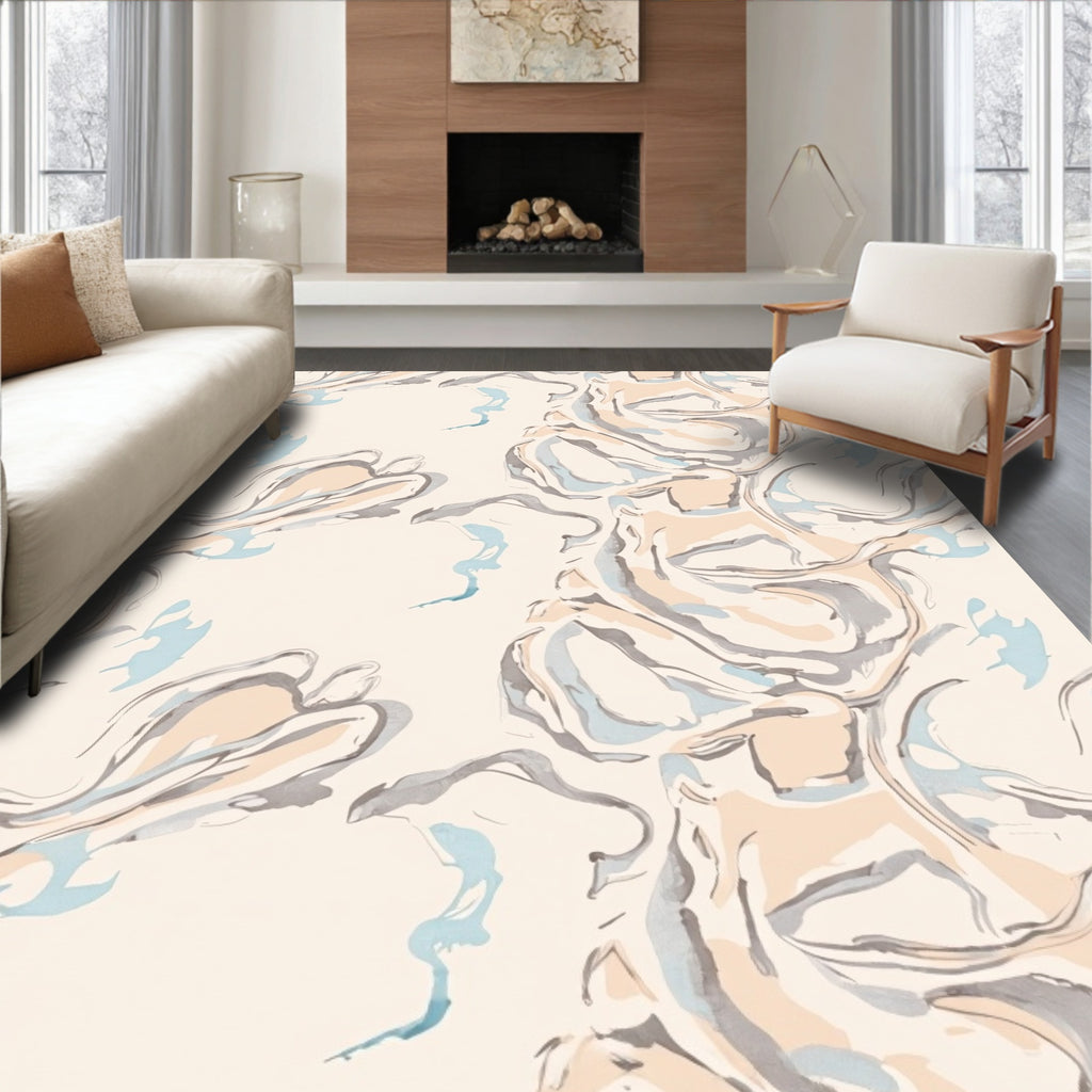 Swirl Abstract Cream Blue Pattern Rug