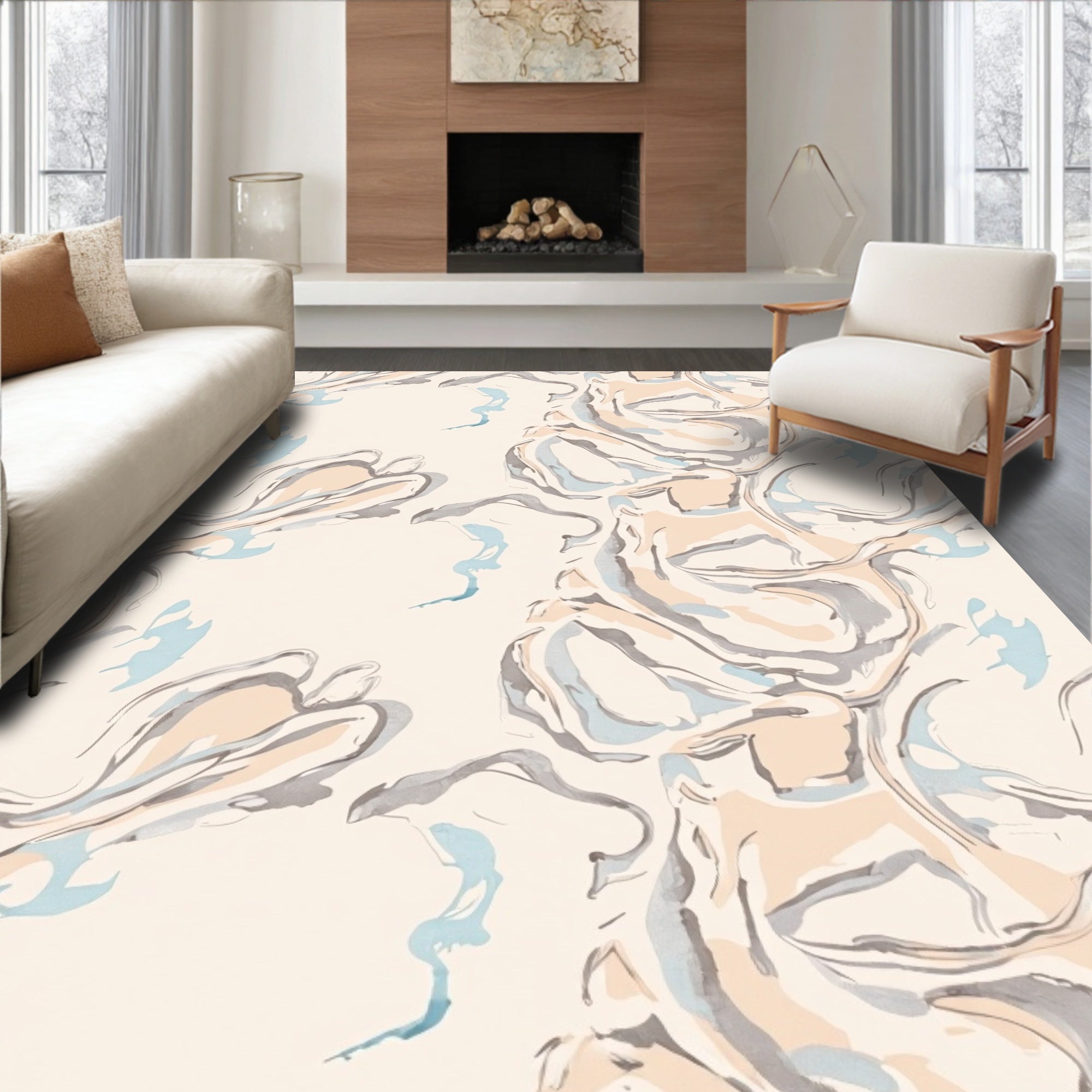 Swirl Abstract Cream Blue Pattern Rug