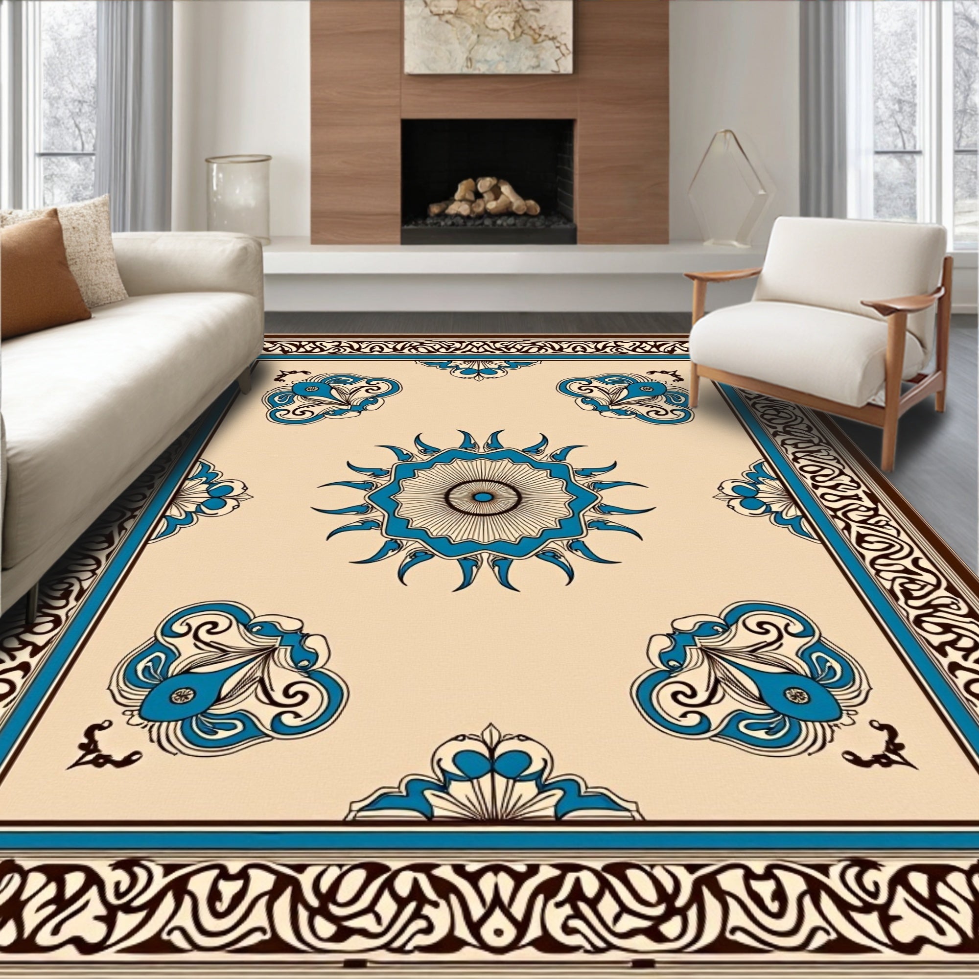 Intricate Floral Motif Traditional Geometric Design Rug