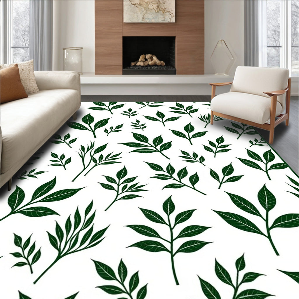 Dark Green Leaf Patterned Design Rug
