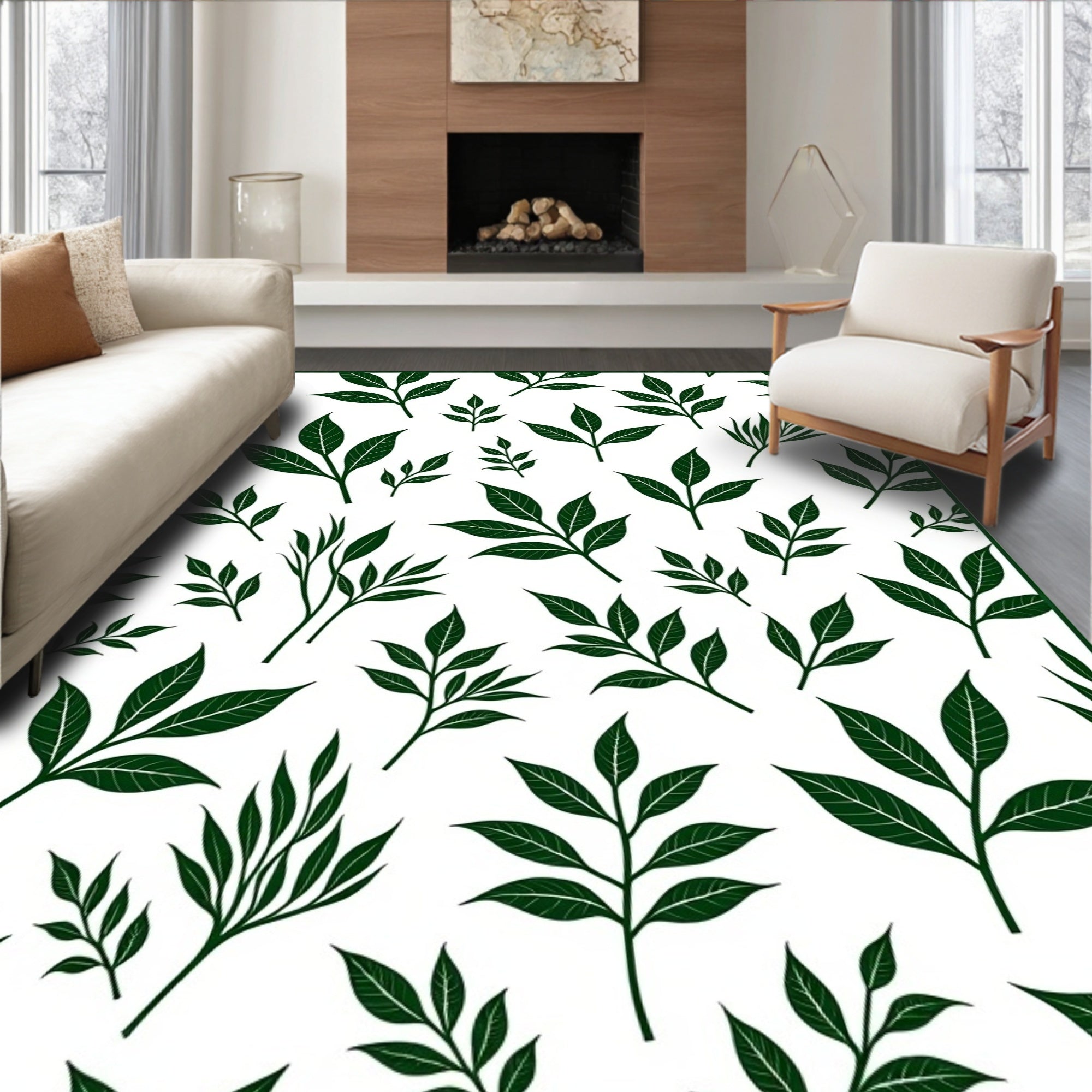 Dark Green Leaf Patterned Design Rug