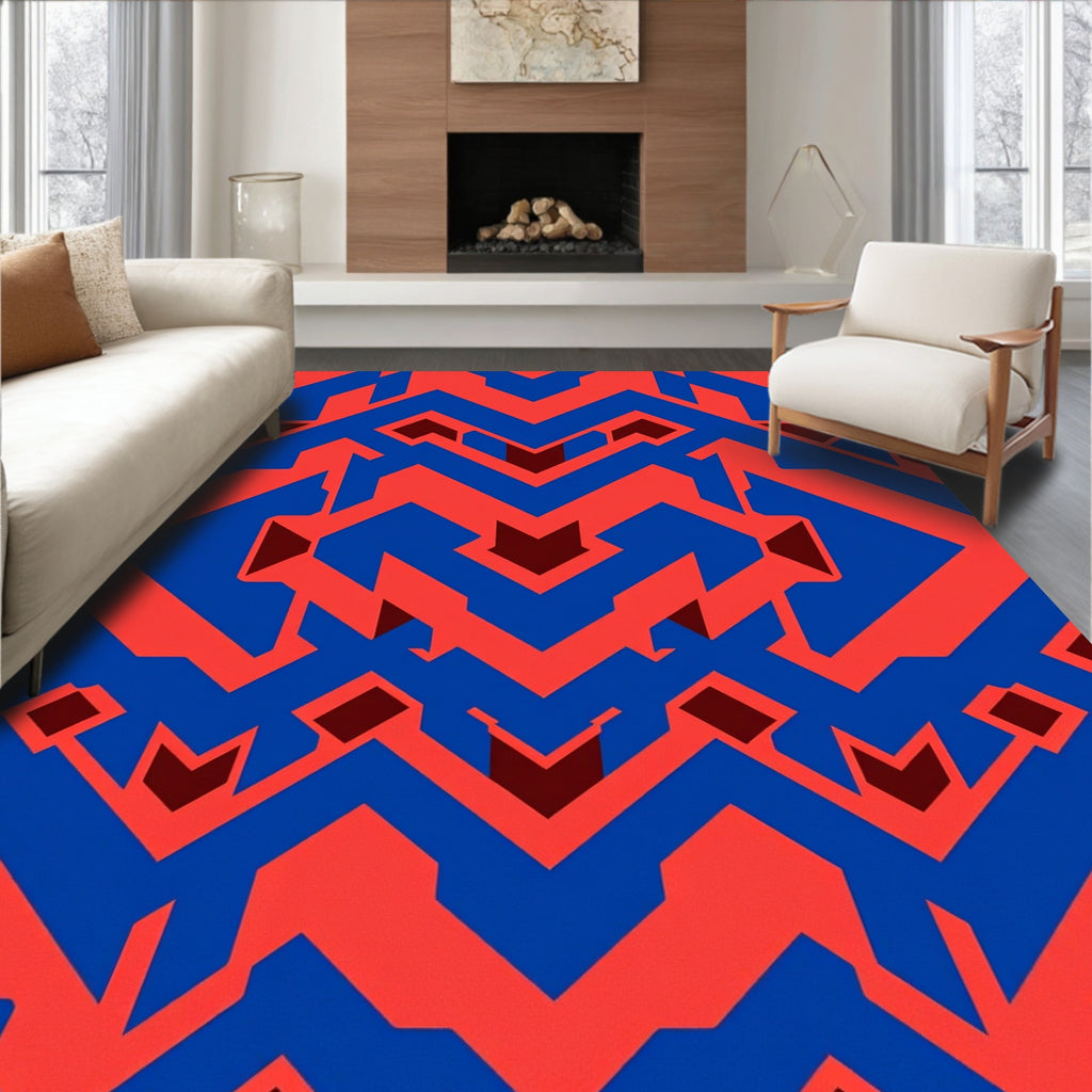 Striking Geometric Red Blue Pattern Rug
