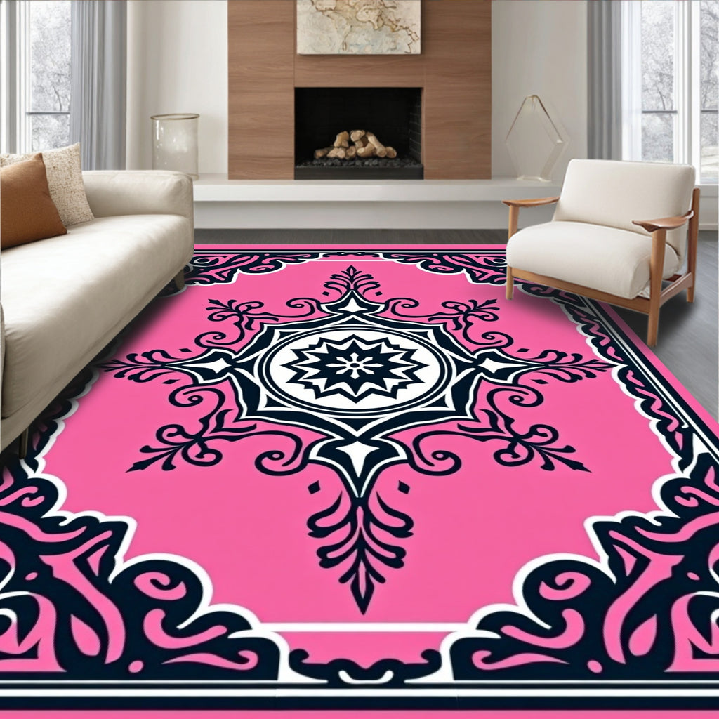 Ornate Pink Black Floral Mandala Rug