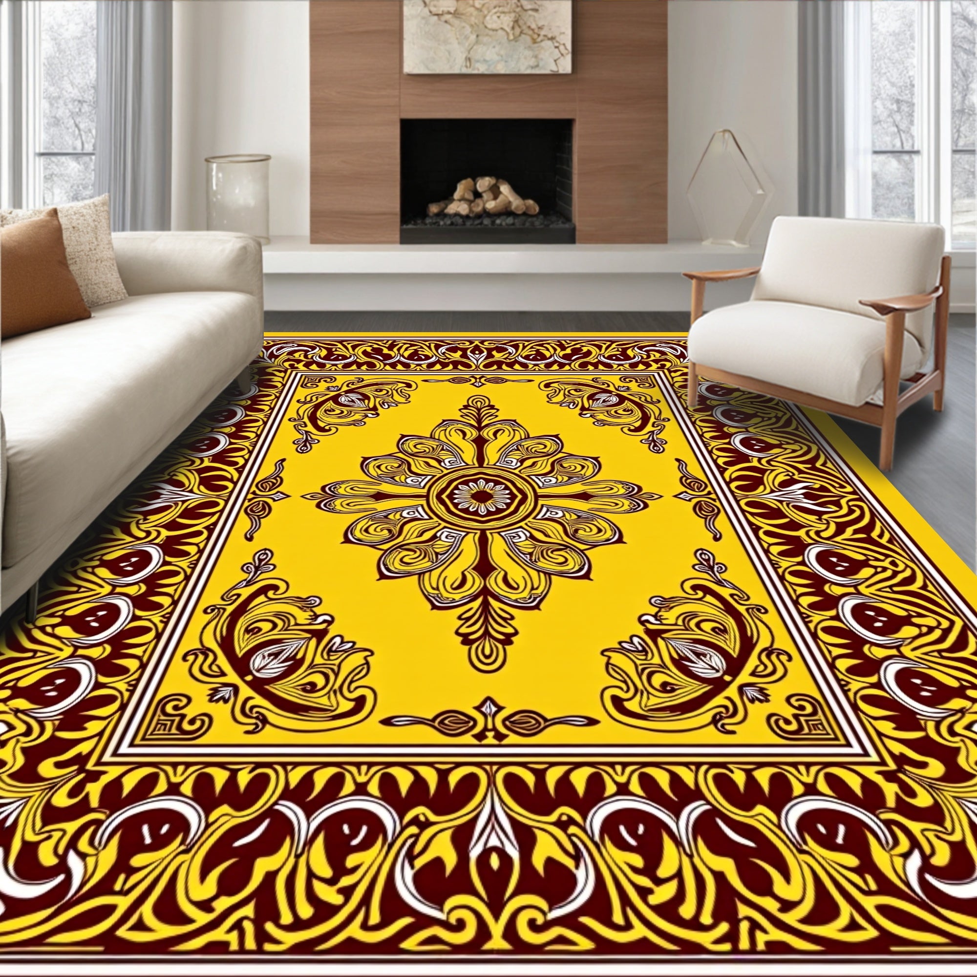 Yellow Burgundy Ornate Mandala Rug